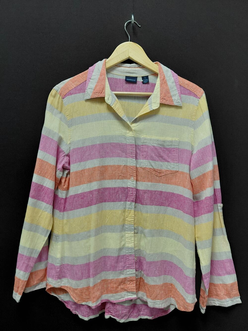 westbound Linen Blend Cotton Striped Shirt Multicolor Long Sleeve Women Size S